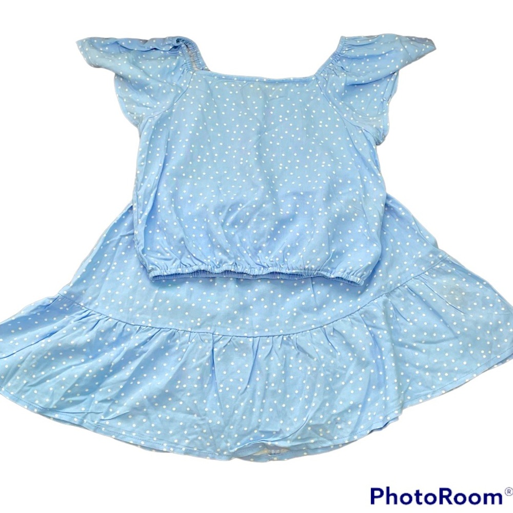 Three Pink Hearts Girls Medium Blue & White Polka Dot Top & Challis Skirt Set